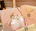 White & Pink Butterfly Bucket Bag with Gold Hardware