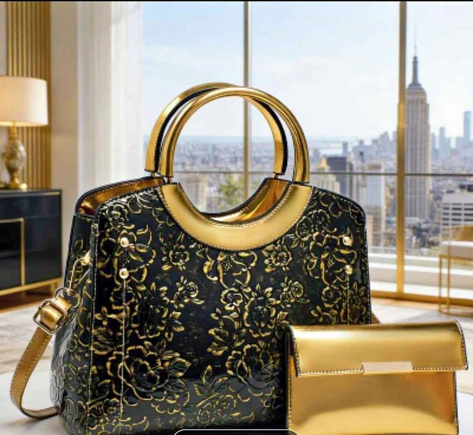 Black & Gold Floral Handbag with Circular Handles + Metallic Gold Clutch