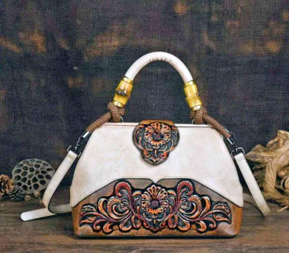 Cream & Floral Tooled‑Pattern Handbag with Gold‑Wrapped Handle