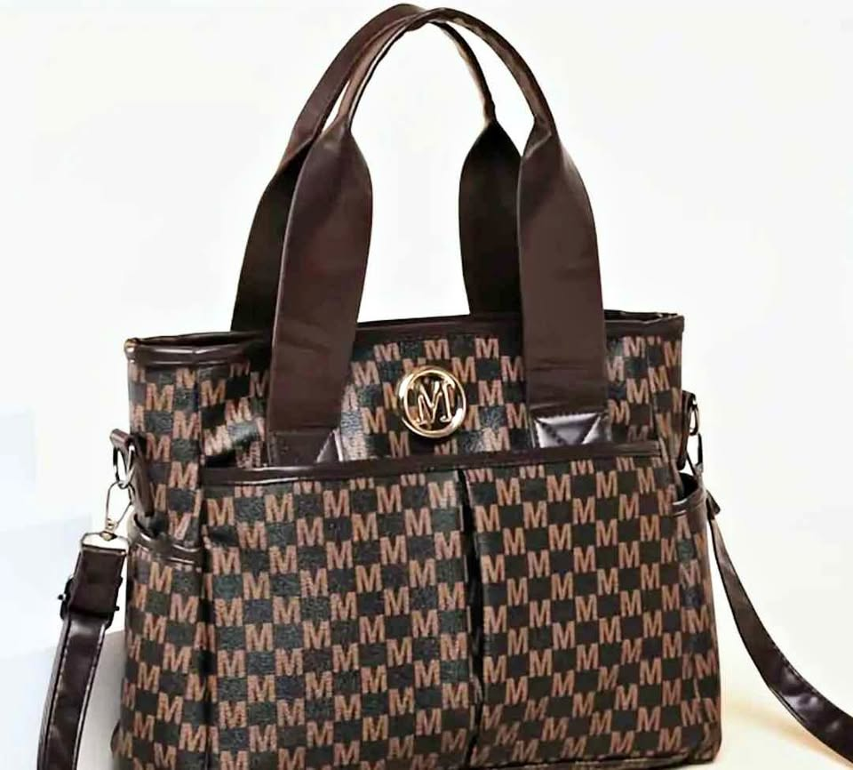 Brown “M” Monogram Handbag with Gold Emblem & Dual Straps
