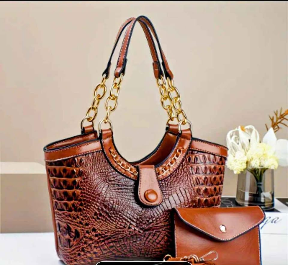Brown Crocodile Embossed Handbag Set w/ Wallet & Gold Chain