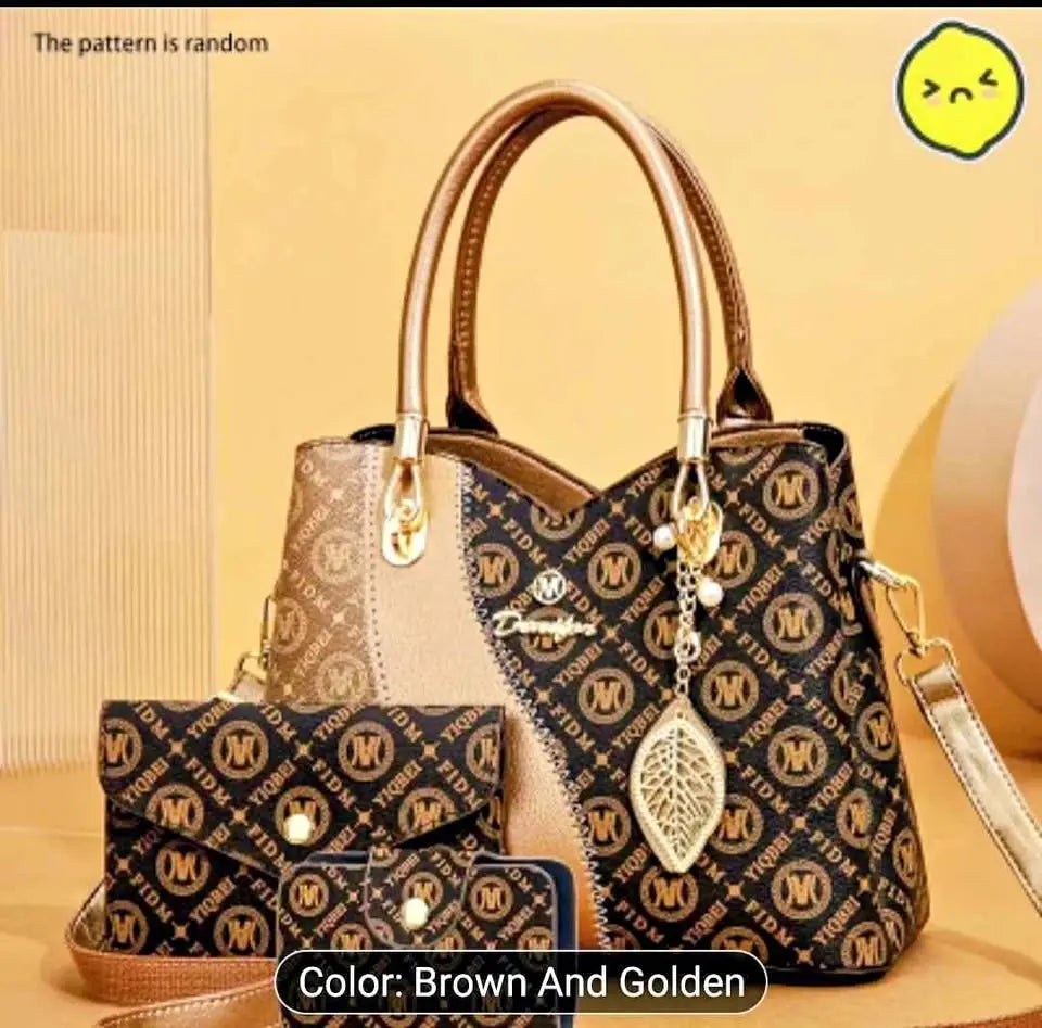 Brown and Golden Monogram Handbag Set – 3 Pieces