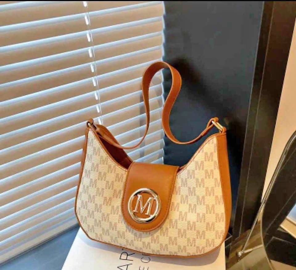 Beige & Brown “M” Monogram Shoulder Bag with Gold Emblem