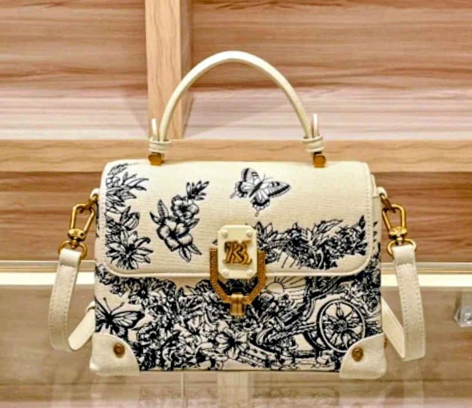Cream Illustrated Handbag with Black Floral & Butterfly Design