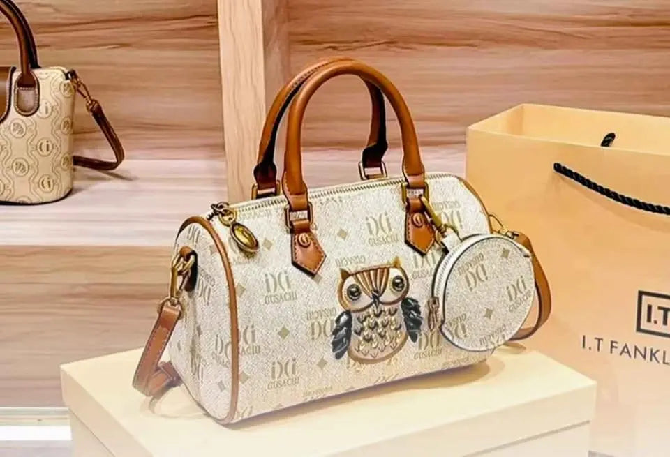 Chic Owl Beige & Brown Embroidered Handbag with Mini Pouch