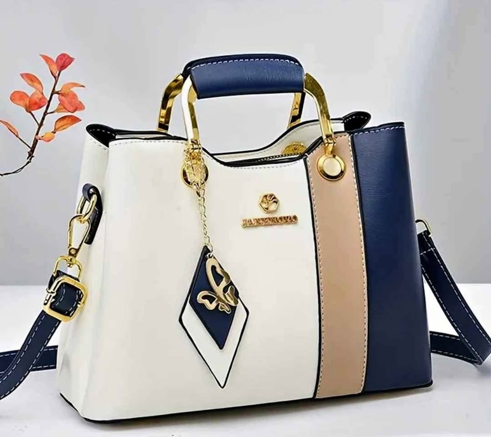 Blue Tri Color Block Handbag with Gold Charm & Shoulder Strap