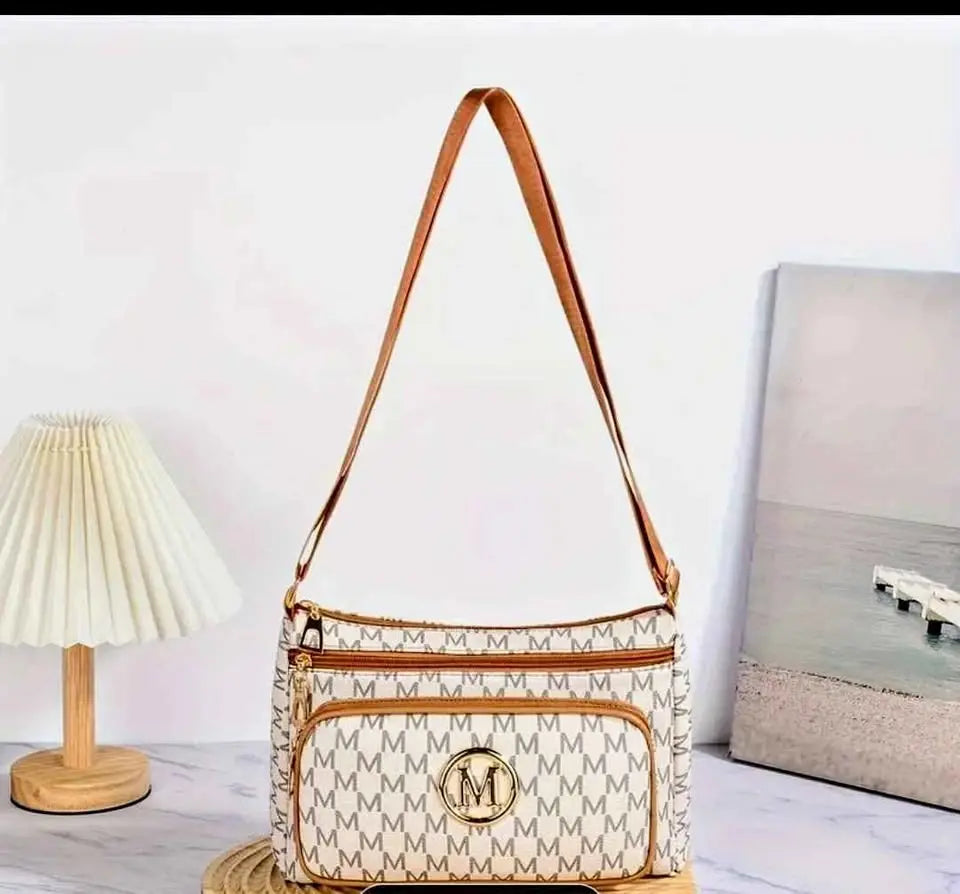 Classic “M” Monogram Crossbody Bag – Beige & Tan