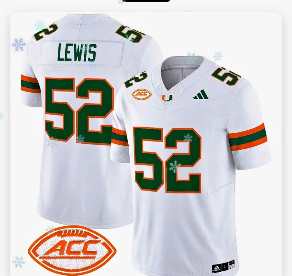 Adidas Miami Hurricanes Lewis # 52 Football Jersey