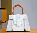 White Croc‑Embossed Handbag with Wooden Handle & Gold Accents