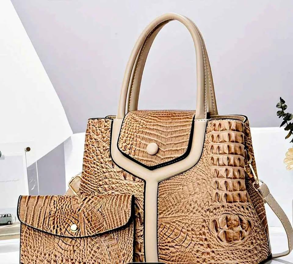 Tan Brown Croc‑Embossed Handbag & Matching Wallet Set