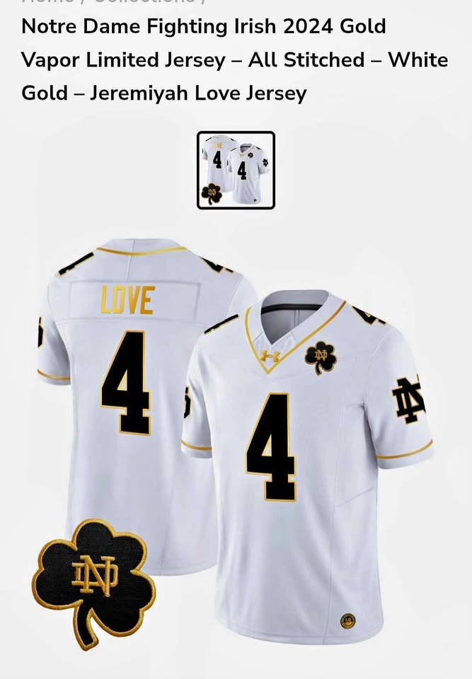 Nike Notre Dame 2024 Gold Vapor Jeremiyah Love #4 Jersey