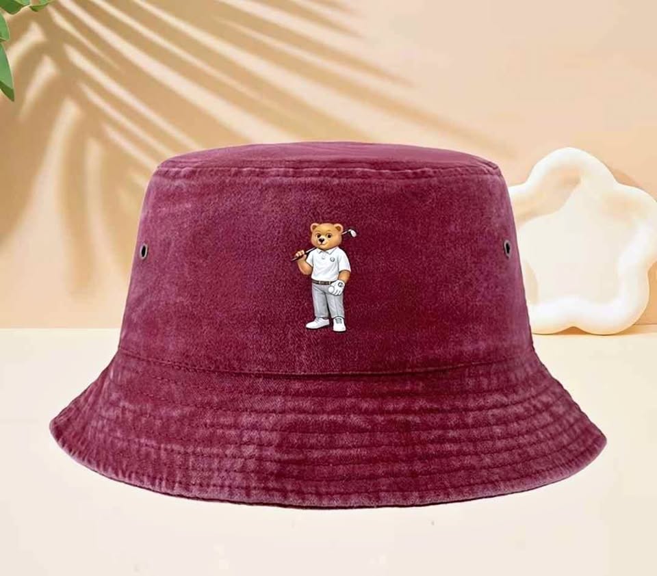 Burgundy Bucket Hat Golf Bear Embroidery