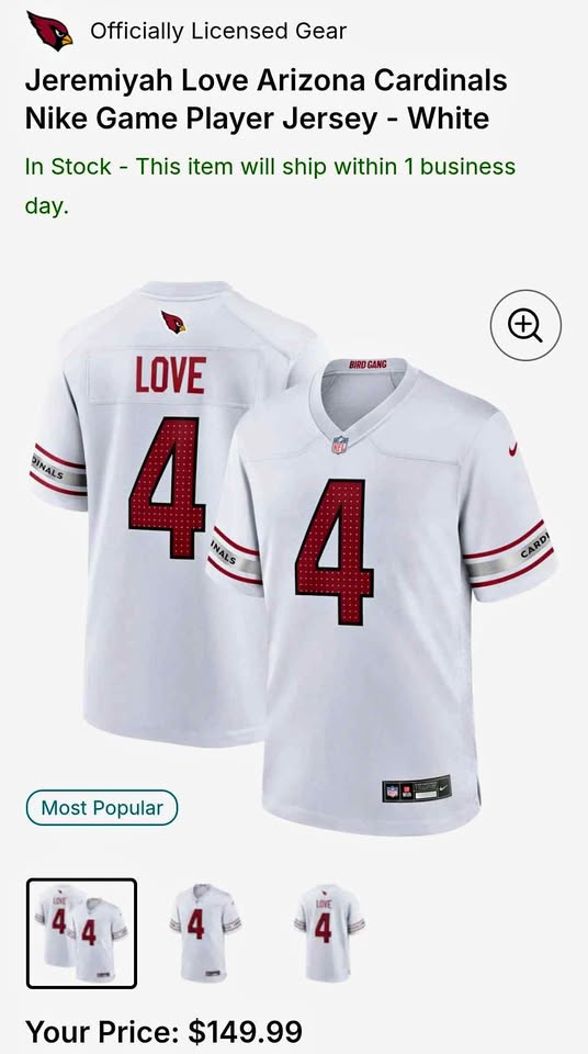 Nike NFL Arizona Cardinals Jeremiyah Love #4 Jersey