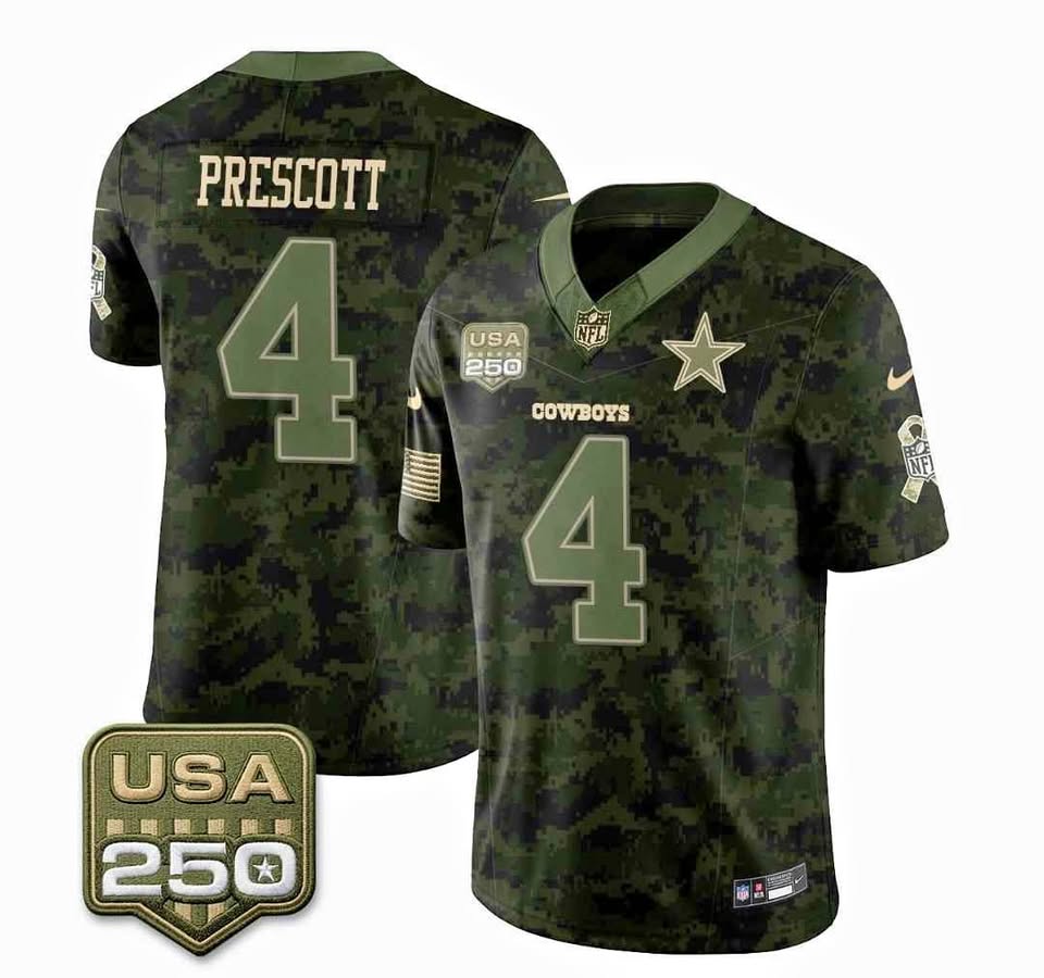 Nike Dallas Cowboys Dak Prescott #4 USA 250 Camo Jersey