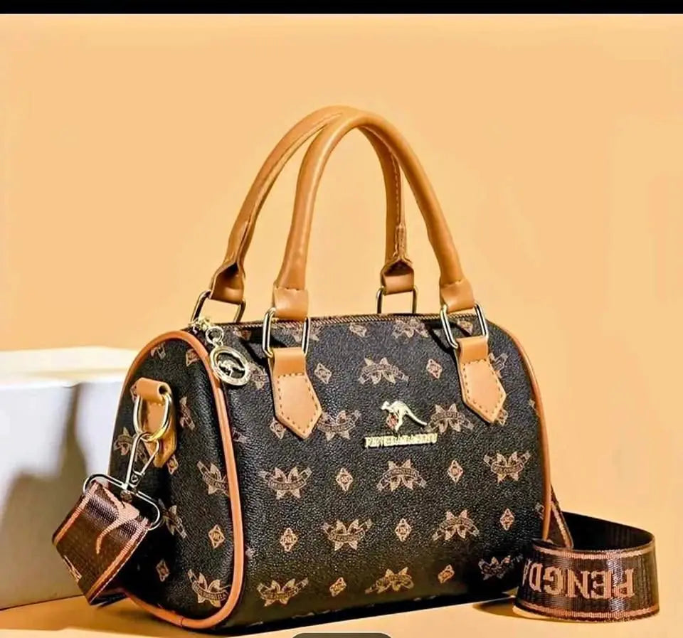 Monogram Barrel Handbag with Kangaroo Logo – Brown
