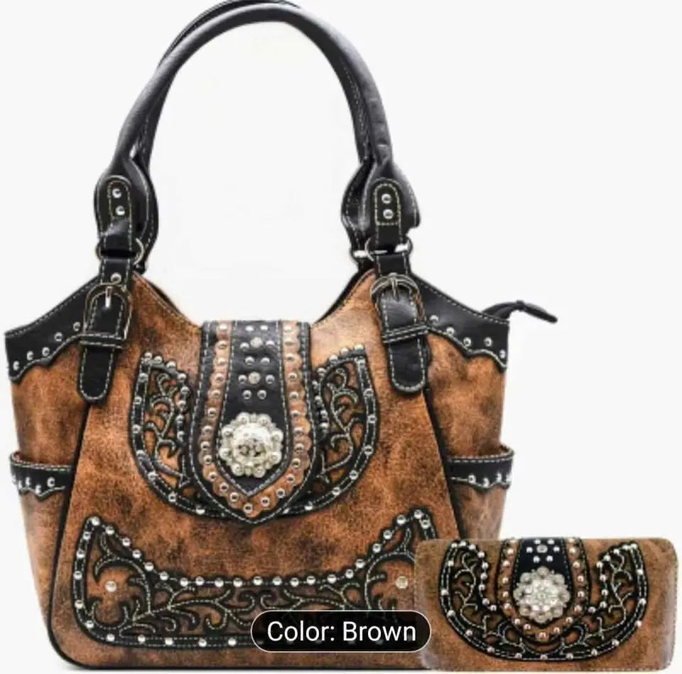 Vintage Western Studded Handbag & Wallet Set – Brown
