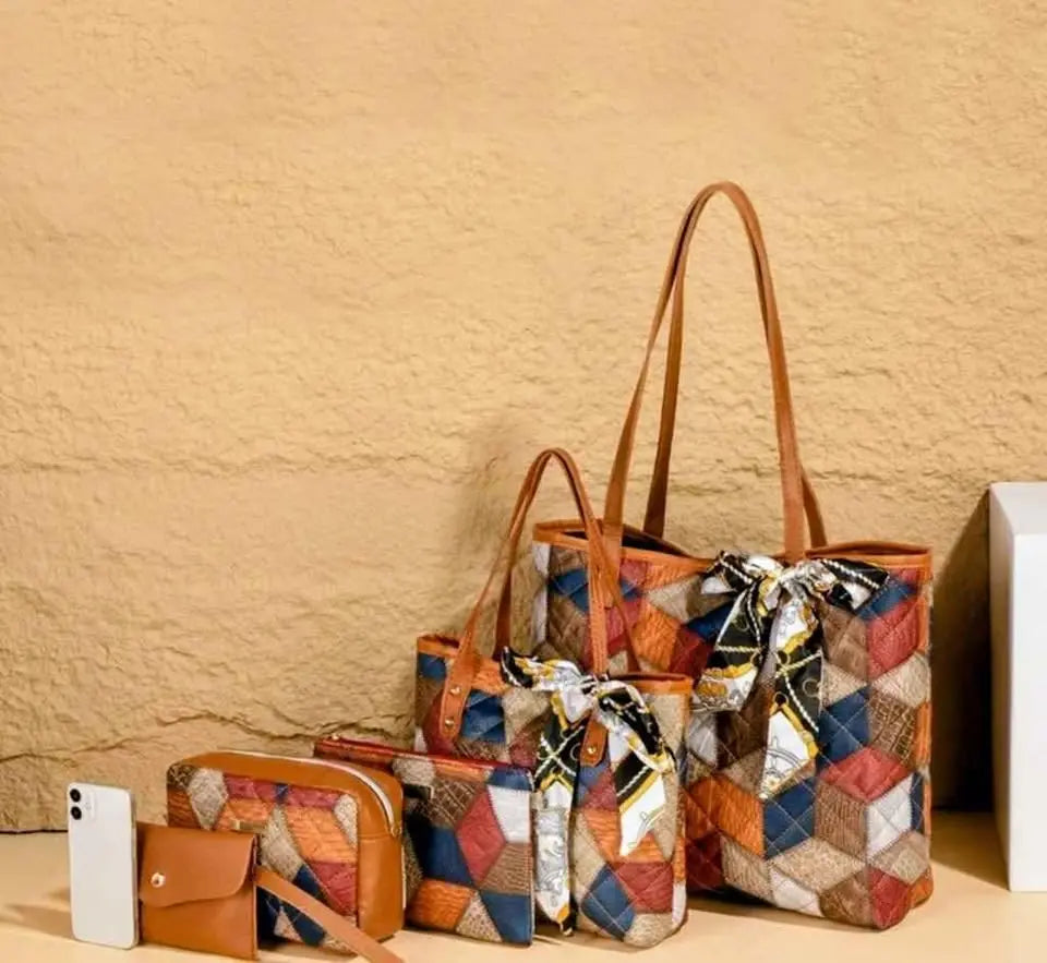 5-Piece Patchwork Tote Bag Set with Scarf – Multicolor