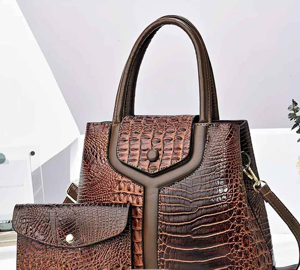 Brown Croc‑Embossed Handbag & Matching Wallet Set