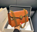 Brown Croc‑Embossed Handbag with Gold Lion Head & Chain Strap