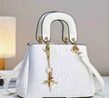 White Croc‑Embossed Handbag with Gold Hardware & Charm