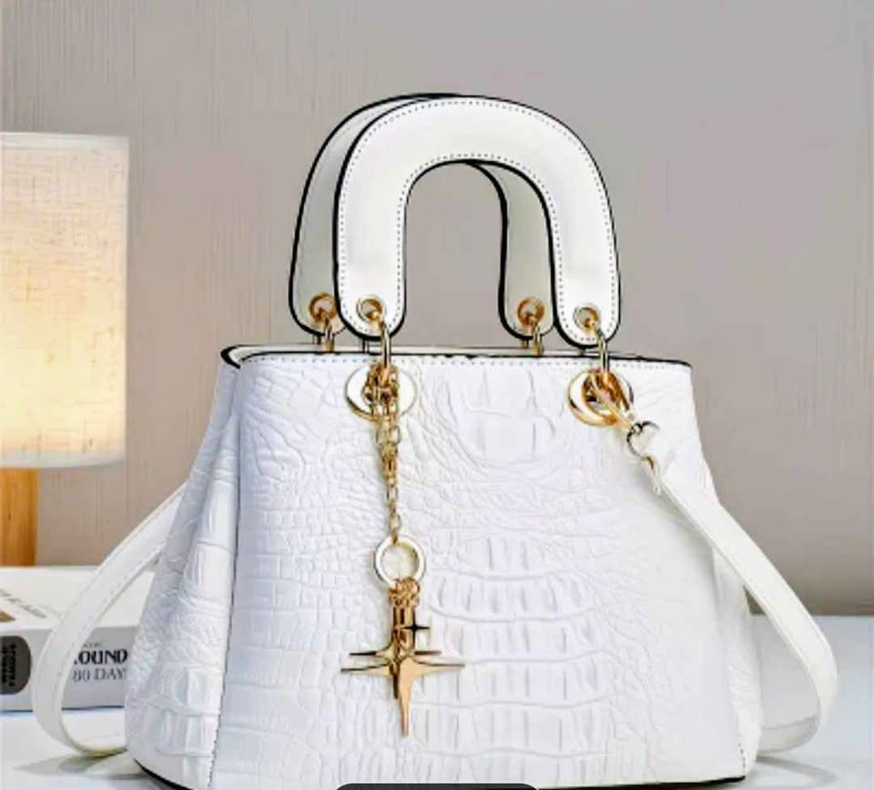 White Croc‑Embossed Handbag with Gold Hardware & Charm