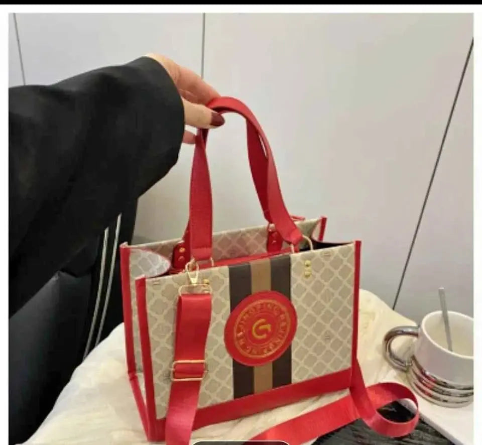 Trendy Red and Beige Designer Tote Bag with Stripe Detail