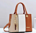 Tricolor Tote Handbag with Leaf Charm – Brown, Beige & White