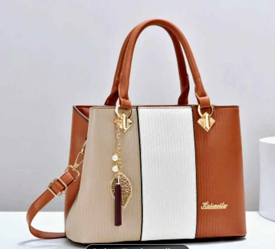 Tricolor Tote Handbag with Leaf Charm – Brown, Beige & White