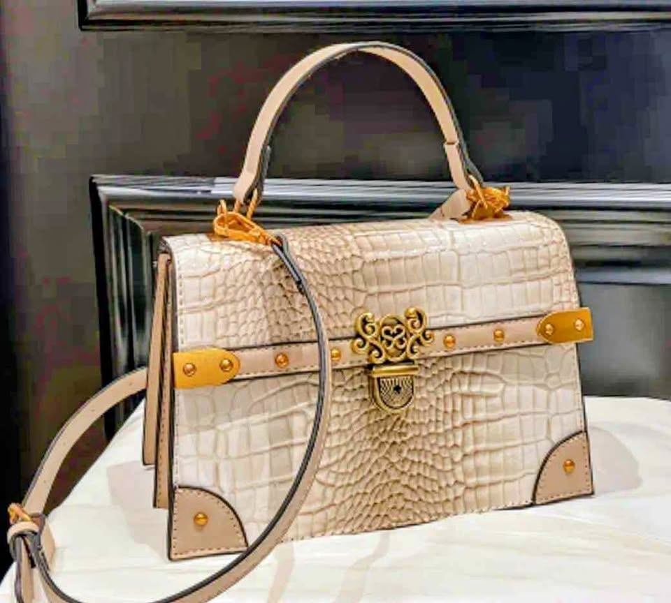 Beige Croc‑Embossed Structured Handbag with Gold Hardware