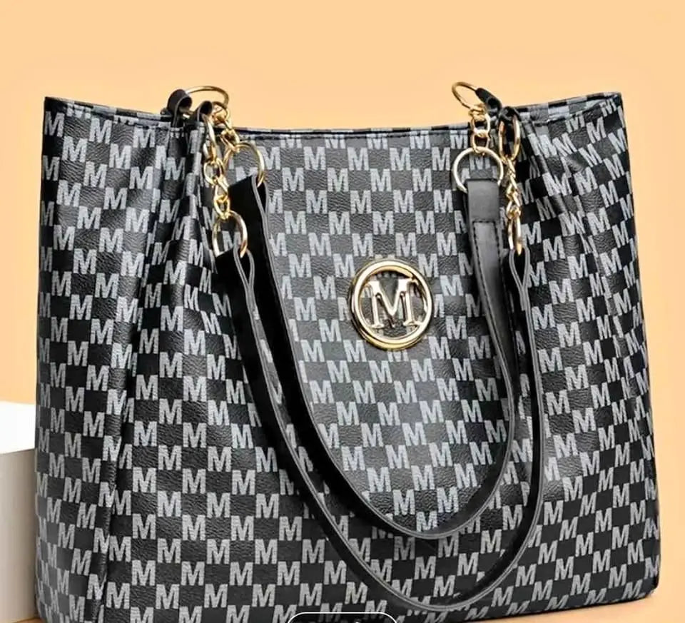 Black Monogram “M” Tote Bag with Gold Chain Detail