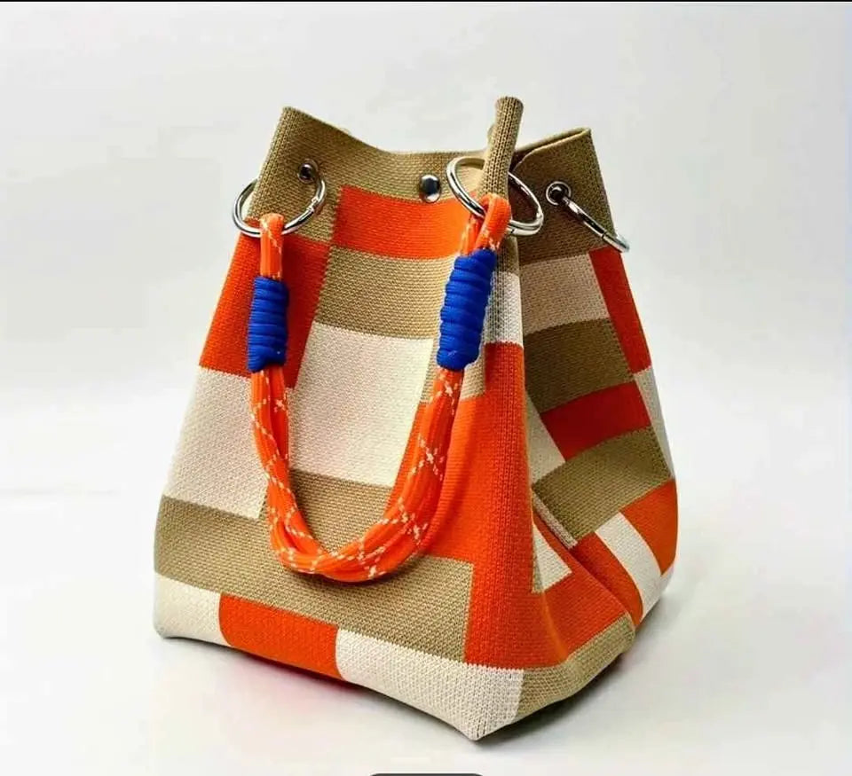 Color block Canvas Bucket Bag with Rope Handle – Orange & Beige