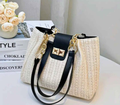 Cream Textured Handbag with Black Flap & Gold Hardware