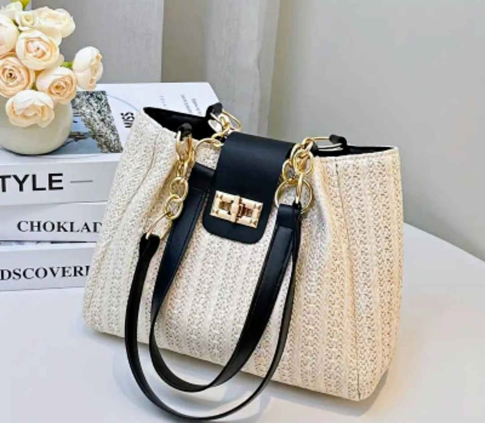 Cream Textured Handbag with Black Flap & Gold Hardware