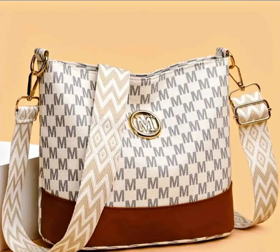 Monogram “M” Shoulder Bag with Patterned Strap – Beige & Brown